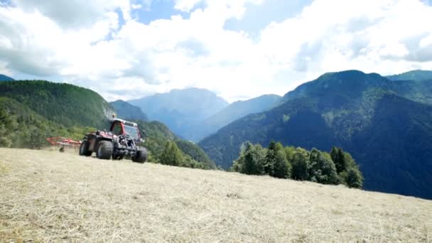 Tractor Está Atravesando Campo Heno Día Soleado Los Agricultores Preparan — Vídeos de Stock