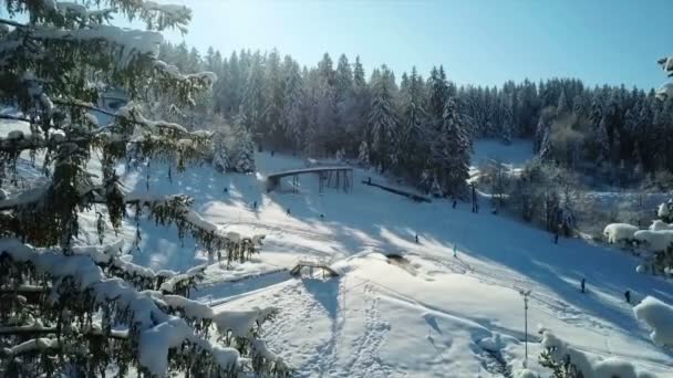 滑雪胜地塞尔日卡科卡在一个愉快的冬天 阳光明媚 家庭在户外度过快乐时光 — 图库视频影像