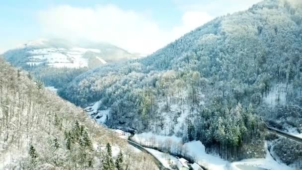 Śnieżny Krajobraz Droga Wiejska Strzał Lotu Ptaka Miły Dzień — Wideo stockowe