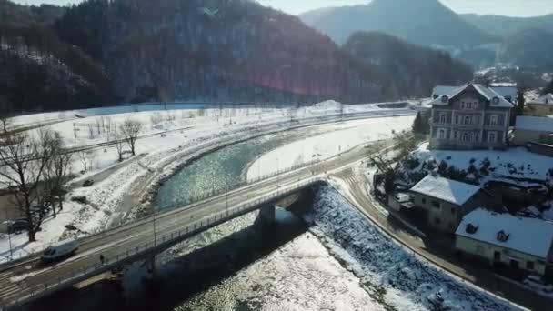 Sun Glistening Water River Savinja Aerial Shot Winter Time Weather — Stock Video