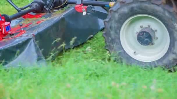 Een Tractor Rijdt Het Groene Gras Hij Aangesloten Gras Snijmachine — Stockvideo