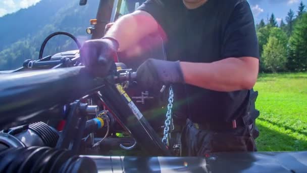 Farmer Fixing Something Grass Cutting Machinery Nice Summer Day — Stock Video