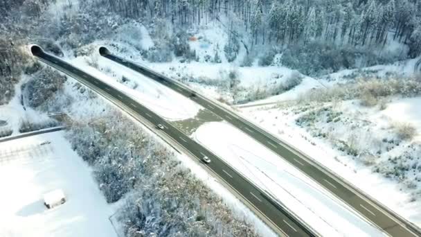 Samochody Jeżdżą Przez Dwa Różne Tunele Czas Zimowy Natura Wygląda — Wideo stockowe