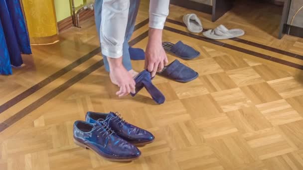 Groom Putting Blue Socks Afterwards Put Really Nice Lacqured Shoes — Stockvideo