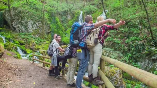 Cinco Amigos Estão Juntos Numa Viagem Estão Divertir Atualmente Estão — Vídeo de Stock