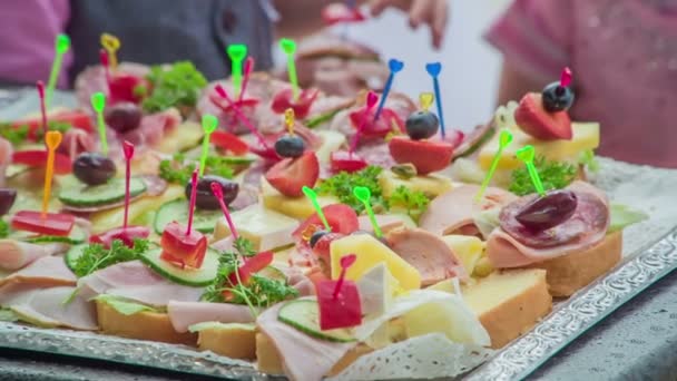 Köstliche Häppchen Auf Dem Tablett Bei Einem Hochzeitsempfang — Stockvideo