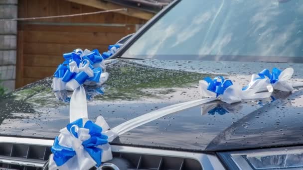 Ein Großes Auto Ist Für Die Hochzeit Hübsch Dekoriert Sind — Stockvideo