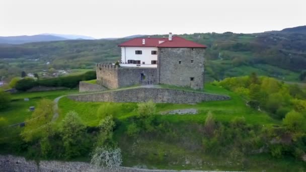 Belo Castelo Topo Colina Meio Nada Tiro Aéreo Campo Espantoso — Vídeo de Stock