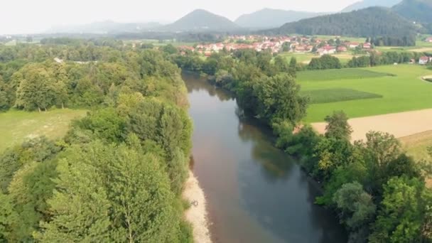 Zwischen Den Bäumen Verbirgt Sich Ein Fluss Luftaufnahme Ist Sommerzeit — Stockvideo