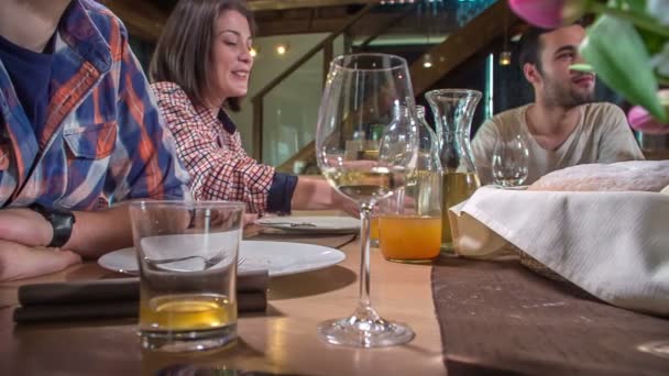 Young Woman Takes Sip White Wine Man Next Her Drinks — Stock Video