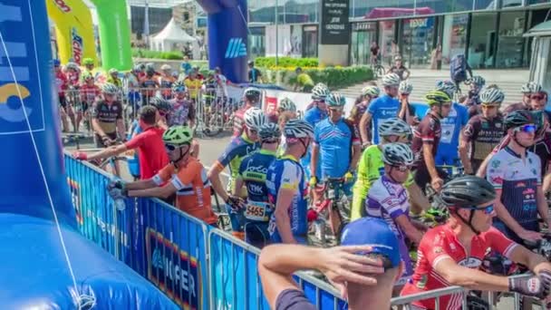 Велогонщики Чекають Стартовій Лінії Позаду Паркану Скоро Розпочнуться Дорожні Велогонки — стокове відео