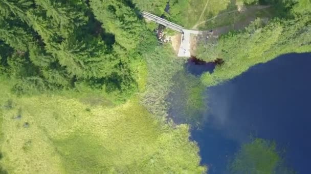 在深蓝色的湖畔有一条小路 与森林中的湖面平行 空中射击 — 图库视频影像