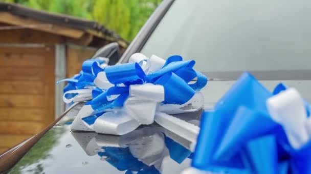 Een Witte Blauwe Decoratie Auto Een Stel Net Getrouwd — Stockvideo