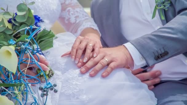 Novia Toca Mano Marido Están Tomando Fotos Boda Juntos — Vídeo de stock