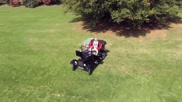 Mitten Einem Riesigen Park Steigen Drei Menschen Aus Einem Oldtimer — Stockvideo