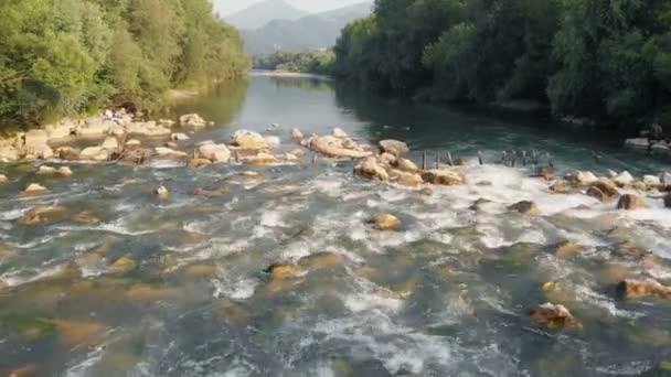 Podemos Ver Hermoso Río Corriente Río Fluye Pacíficamente Disparo Aéreo — Vídeo de stock