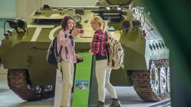 Two Friends Taking Selfie Front Military Tank Museum — Stock Video