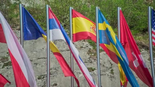 Διαφορετικές Σημαίες Κυματίζουν Στον Άνεμο Είναι Πολύ Ωραία Μέρα — Αρχείο Βίντεο