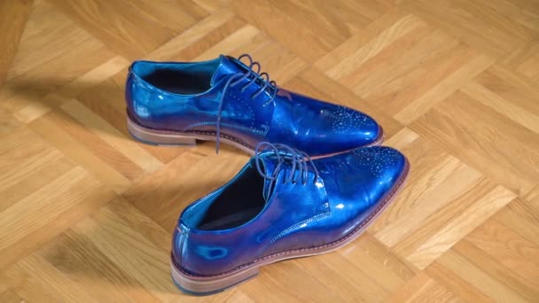 华丽的蓝色漆皮鞋躺在地板上 — 图库视频影像