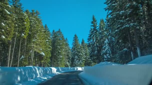車は丘の上の道路を運転しており 休日のリゾートに近づいています 雪はどこにでもある 太陽も輝いている — ストック動画