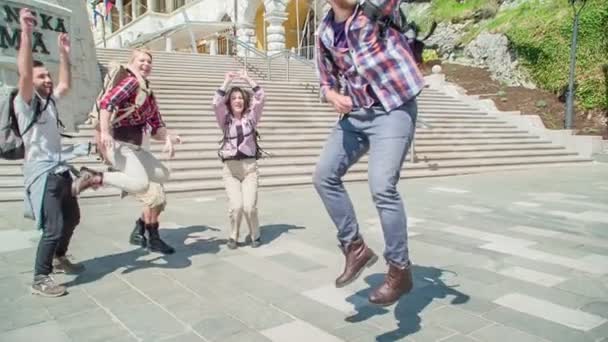 Friends Taking Selfie Front Entrance Famous Slovenian Caves Postojna Caves — Stock Video