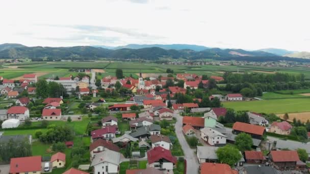 村の後ろに非常に素晴らしい緑のフィールド 空中射撃だスロベニアはとても美しく緑が多い — ストック動画