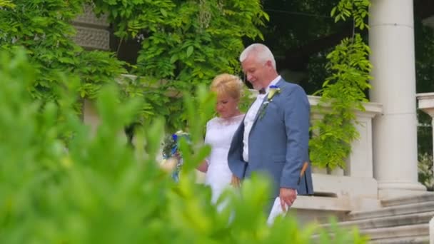 Ein Schönes Paar Mittleren Alters Ihrem Hochzeitstag Sie Spazieren Durch — Stockvideo