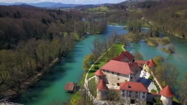 Luftaufnahmen Eines Wunderschönen Parks Mit Blauem Fluss Und Altem Schloss — Stockvideo