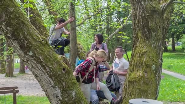 Een Groep Mensen Houdt Een Kleine Bijeenkomst Aan Bomen Een — Stockvideo