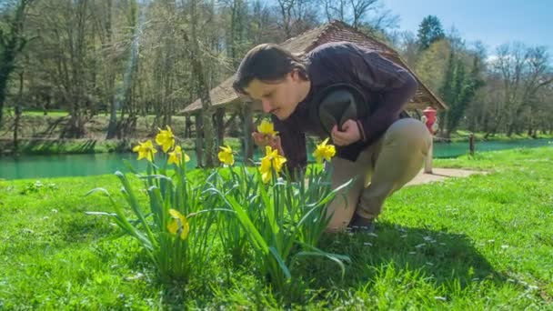 Imágenes Joven Mirando Flores Amarillas Parque Cerca Del Castillo — Vídeos de Stock