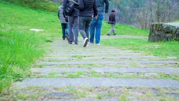 Group People Walking Downhill Path All Dressed Padded Jackets — Stock Video