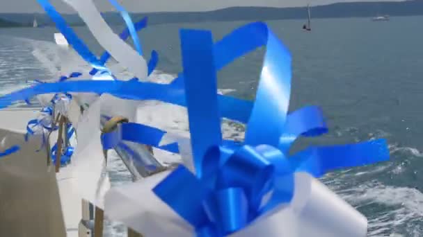 Beautiful Blue White Ribbons Tied Poles Yacht Day Nice Sunny — Stock Video