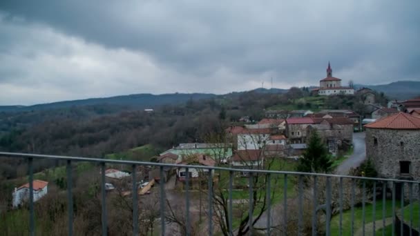 Small Village Top Hill Slovenian Karst Weather Foggy Very Cold — Stock Video