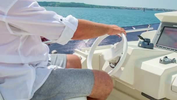 Man Navigating Yacht Beautiful Sunny Day Summer Time — Stock Video