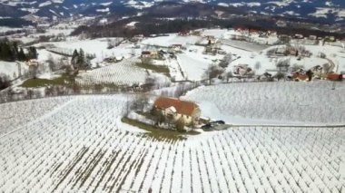 Tepenin üstünde küçük bir ev ve üzüm bağları var. Hava görüntüsü. Kış geldi..