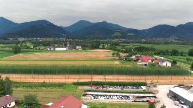 Güzel kahverengi tarlalar ve yeşil çayırlar görebiliyoruz. Arka planda dağlar da var..