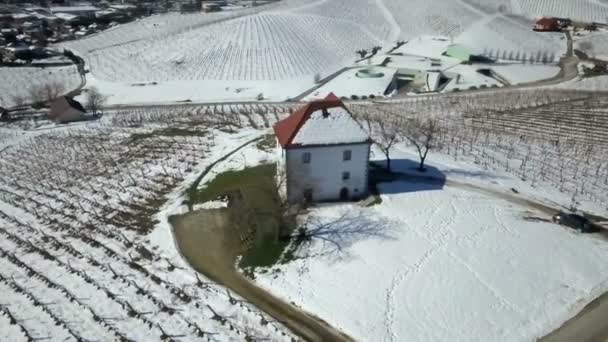 Tall House Top Hill Winter Time Aerial Shot Vineyards Covered — Stock Video