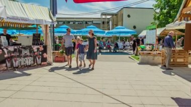 DOMZALE, SLOVENIA - 15. Haziran 2018 'de bir maskot öğleden sonralarını pazarda geçiren genç bir aileye yaklaştı ve onlara el salladı..