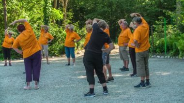 DOMZALE, SLOVENIA - 21. HAZİRAN 2015 Bu son sınıflar birlikte çalışıyor ve hareketleri aynı anda gerçekleştiriyorlar. Hepsi turuncu tişört giyiyor..