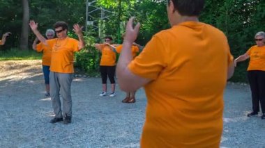 DOMZALE, SLOVENIA - 21. Haziran 2015 'te bir grup yaşlı insan elleriyle daireler çiziyor. Birlikte çalışmak için düzenli olarak buluşuyorlar..