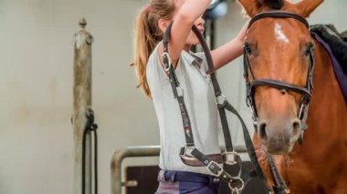 Güzel kahverengi bir at ve atın başına dizginleri takan genç bir kız görüyoruz..