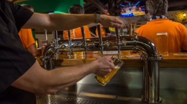 DOMZALE, SLOVENIA - 16. HAZİRAN 2018 Bir barmen boş bir sürahiye bira döküyor..