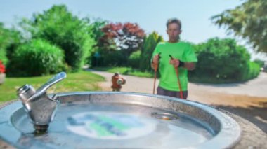 Olgun bir adamın doğa üzerinde yürüyüş direğiyle koşuşunun görüntüleri.