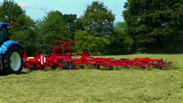 Egy Traktor Halad Mezőn Szénát Készít Elő Rotációs Gereblyék Mezőgazdasági — Stock videók