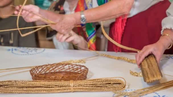 Senior Ladies Making Wheat Plaits Old Fashioned Chore — Stock Video