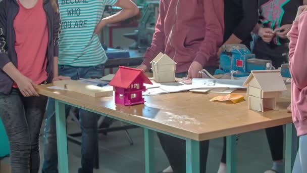 Craft Lesson Children Making Small Wooden Houses Designed Also Colouring — Stock Video