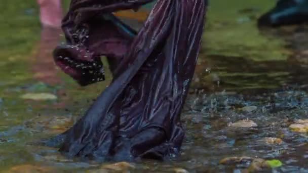 洗衣女工在河里辛勤地干活和洗衣服 水很清澈干净 — 图库视频影像