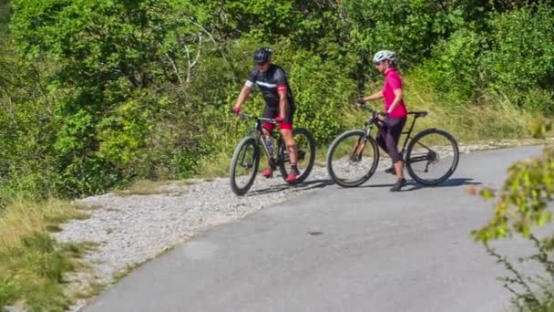 Duas Pessoas Param Andar Bicicleta Meio Uma Estrada Depois Saem — Vídeo de Stock