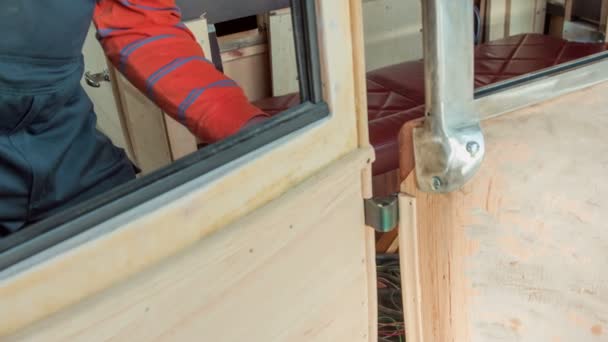 Man Putting Car Door Wooden Vehicle Checking Door Opens Closes — Stock Video