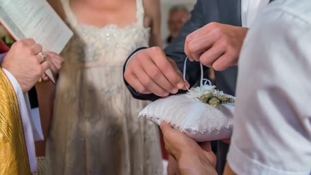 Domzale Slovenia July 2018 Man Carefully Putting Wedding Ring Pillow — Stock Video